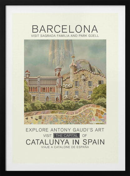 A vintage-style travel poster for Barcelona, featuring the intricate, mosaic-covered architecture of Park Güell in the foreground. In the hazy background, the spires of the Sagrada Familia rise into the sky. Text at the top and bottom invites viewers to visit these Antoni Gaudí landmarks in the capital of Catalunya, Spain. Wall Art