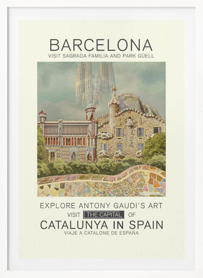 A vintage-style travel poster for Barcelona, featuring the intricate, mosaic-covered architecture of Park Güell in the foreground. In the hazy background, the spires of the Sagrada Familia rise into the sky. Text at the top and bottom invites viewers to visit these Antoni Gaudí landmarks in the capital of Catalunya, Spain. Wall Art