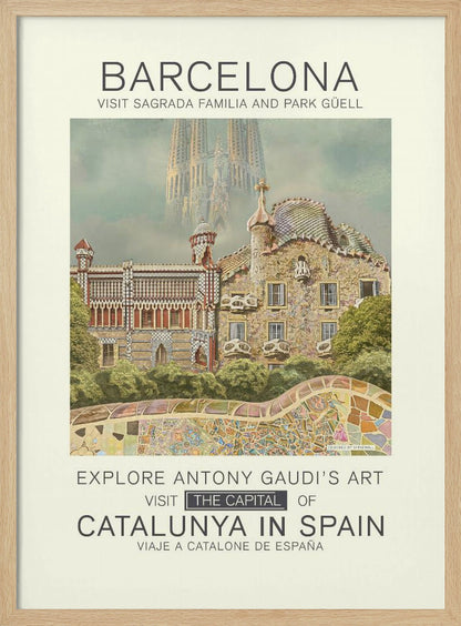 A vintage-style travel poster for Barcelona, featuring the intricate, mosaic-covered architecture of Park Güell in the foreground. In the hazy background, the spires of the Sagrada Familia rise into the sky. Text at the top and bottom invites viewers to visit these Antoni Gaudí landmarks in the capital of Catalunya, Spain. Wall Art