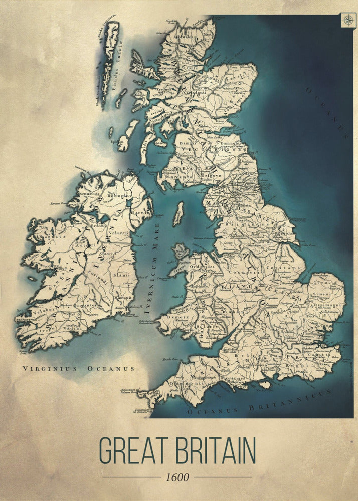 A framed vintage-style poster displaying a historical map of Great Britain and Ireland from the year 1600. The map features beige-colored land with detailed topography against deep blue water, with Latin place names. Below the map, the title 'GREAT BRITAIN 1600' is printed in a modern sans-serif font. Wall Art