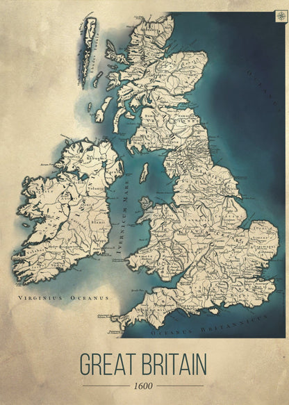 A framed vintage-style poster displaying a historical map of Great Britain and Ireland from the year 1600. The map features beige-colored land with detailed topography against deep blue water, with Latin place names. Below the map, the title 'GREAT BRITAIN 1600' is printed in a modern sans-serif font. Wall Art