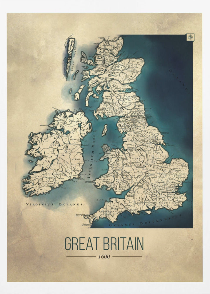 A framed vintage-style poster displaying a historical map of Great Britain and Ireland from the year 1600. The map features beige-colored land with detailed topography against deep blue water, with Latin place names. Below the map, the title 'GREAT BRITAIN 1600' is printed in a modern sans-serif font. Wall Art