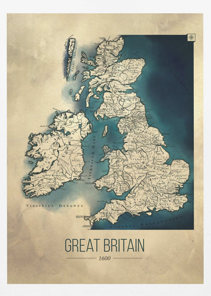 A framed vintage-style poster displaying a historical map of Great Britain and Ireland from the year 1600. The map features beige-colored land with detailed topography against deep blue water, with Latin place names. Below the map, the title 'GREAT BRITAIN 1600' is printed in a modern sans-serif font. Wall Art