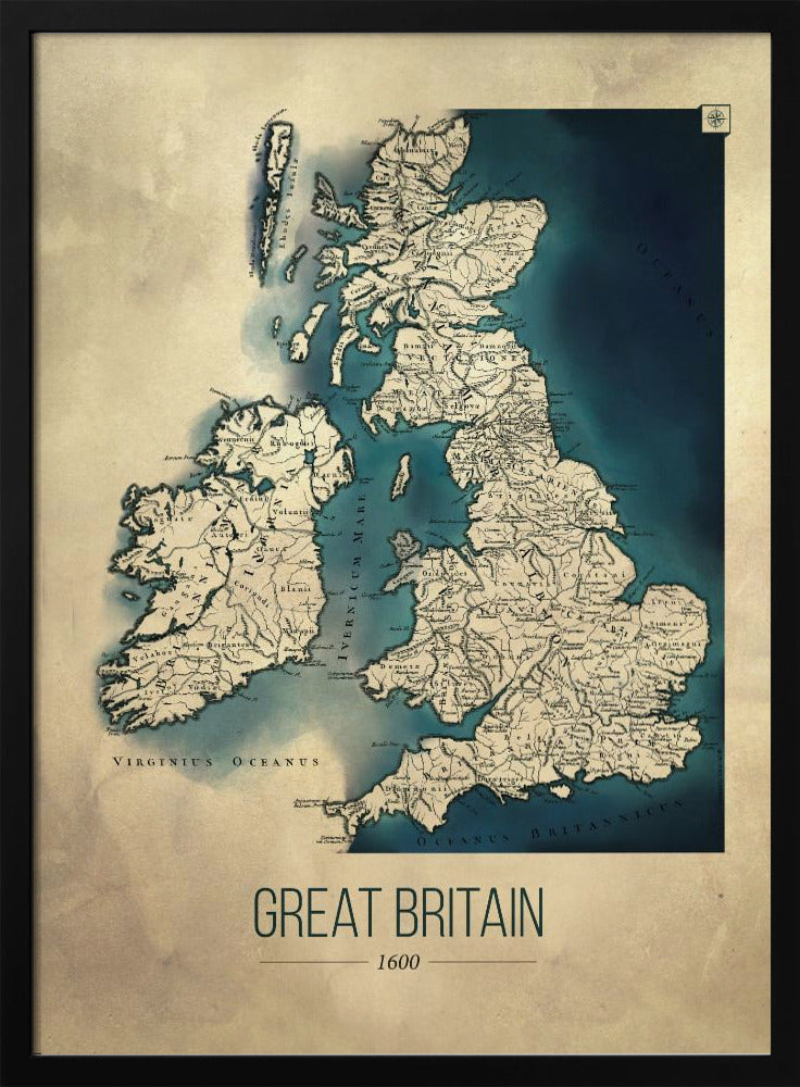 A framed vintage-style poster displaying a historical map of Great Britain and Ireland from the year 1600. The map features beige-colored land with detailed topography against deep blue water, with Latin place names. Below the map, the title 'GREAT BRITAIN 1600' is printed in a modern sans-serif font. Wall Art