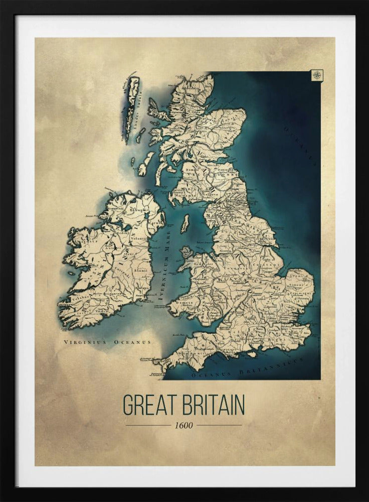 A framed vintage-style poster displaying a historical map of Great Britain and Ireland from the year 1600. The map features beige-colored land with detailed topography against deep blue water, with Latin place names. Below the map, the title 'GREAT BRITAIN 1600' is printed in a modern sans-serif font. Wall Art