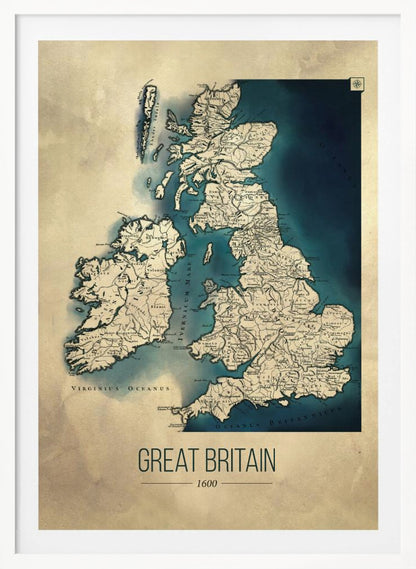 A framed vintage-style poster displaying a historical map of Great Britain and Ireland from the year 1600. The map features beige-colored land with detailed topography against deep blue water, with Latin place names. Below the map, the title 'GREAT BRITAIN 1600' is printed in a modern sans-serif font. Wall Art