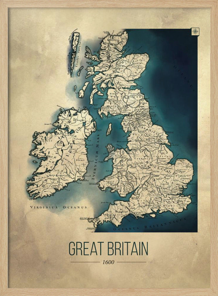A framed vintage-style poster displaying a historical map of Great Britain and Ireland from the year 1600. The map features beige-colored land with detailed topography against deep blue water, with Latin place names. Below the map, the title 'GREAT BRITAIN 1600' is printed in a modern sans-serif font. Wall Art