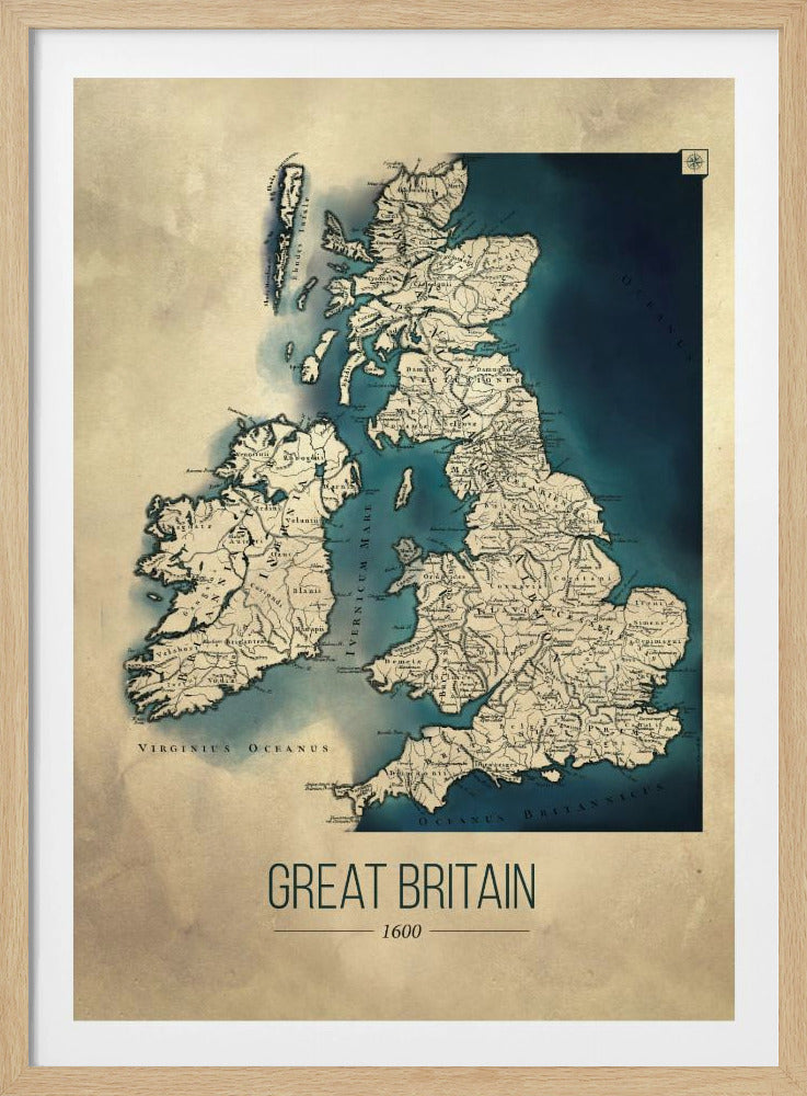 A framed vintage-style poster displaying a historical map of Great Britain and Ireland from the year 1600. The map features beige-colored land with detailed topography against deep blue water, with Latin place names. Below the map, the title 'GREAT BRITAIN 1600' is printed in a modern sans-serif font. Wall Art