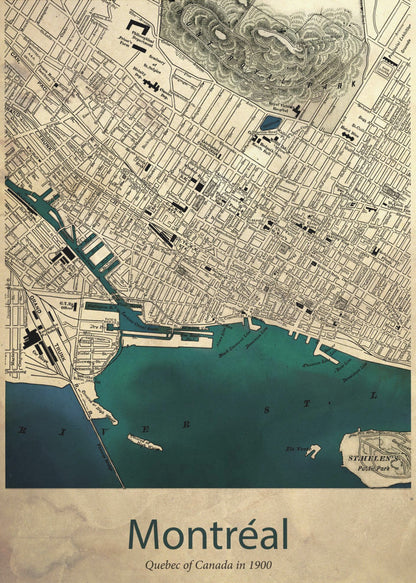 A vintage-style map of Montréal, Quebec from the year 1900, presented in a black frame. The map features a sepia-toned, aged paper texture, with black ink detailing the city's grid layout and landmarks. The St. Lawrence River and port area are highlighted in a deep teal color. At the bottom, the poster is titled 'Montréal' with the subtitle 'Quebec of Canada in 1900'. Artwork