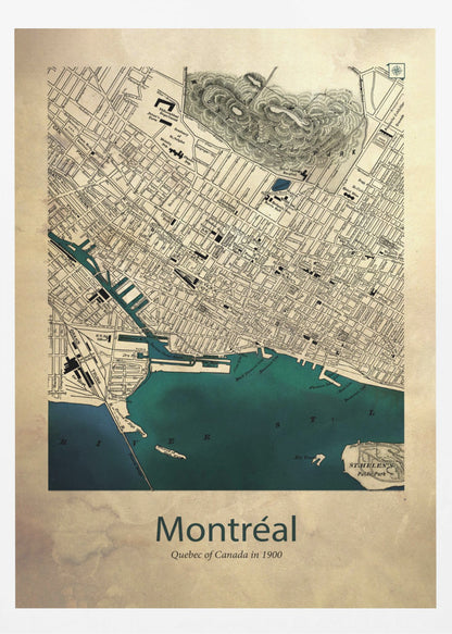 A vintage-style map of Montréal, Quebec from the year 1900, presented in a black frame. The map features a sepia-toned, aged paper texture, with black ink detailing the city's grid layout and landmarks. The St. Lawrence River and port area are highlighted in a deep teal color. At the bottom, the poster is titled 'Montréal' with the subtitle 'Quebec of Canada in 1900'. Artwork