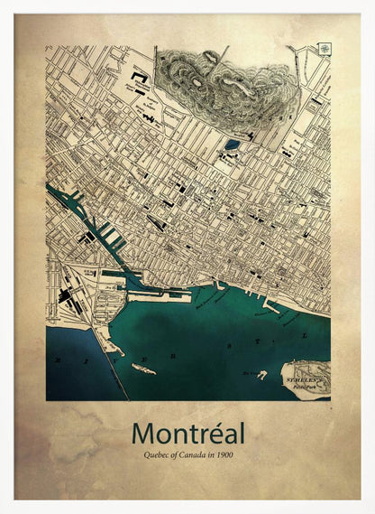 A vintage-style map of Montréal, Quebec from the year 1900, presented in a black frame. The map features a sepia-toned, aged paper texture, with black ink detailing the city's grid layout and landmarks. The St. Lawrence River and port area are highlighted in a deep teal color. At the bottom, the poster is titled 'Montréal' with the subtitle 'Quebec of Canada in 1900'. Artwork