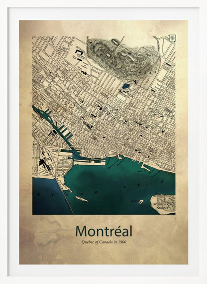 A vintage-style map of Montréal, Quebec from the year 1900, presented in a black frame. The map features a sepia-toned, aged paper texture, with black ink detailing the city's grid layout and landmarks. The St. Lawrence River and port area are highlighted in a deep teal color. At the bottom, the poster is titled 'Montréal' with the subtitle 'Quebec of Canada in 1900'. Artwork