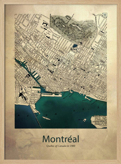 A vintage-style map of Montréal, Quebec from the year 1900, presented in a black frame. The map features a sepia-toned, aged paper texture, with black ink detailing the city's grid layout and landmarks. The St. Lawrence River and port area are highlighted in a deep teal color. At the bottom, the poster is titled 'Montréal' with the subtitle 'Quebec of Canada in 1900'. Artwork