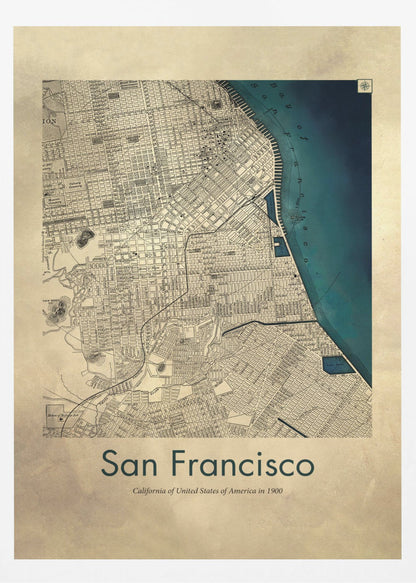 A framed vintage map of San Francisco from 1900. The map is detailed on aged, beige paper, with the bay depicted in a deep teal blue. Below the map, text reads 'San Francisco' and 'California of United States of America in 1900'. Artwork