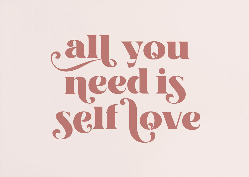 A framed art print with the phrase 'all you need is self love' in a stylish, dusty rose serif font on a light pink background. The artwork is enclosed in a simple silver frame. Poster