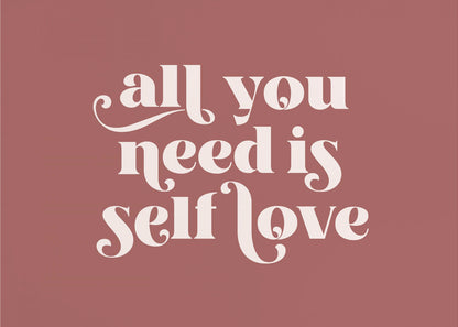 A framed art print with a dusty rose background. In the center, the phrase 'all you need is self love' is written in a creamy white, stylized, retro font. The artwork is enclosed in a simple silver frame. Decor