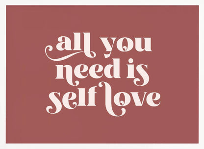 A framed art print with a dusty rose background. In the center, the phrase 'all you need is self love' is written in a creamy white, stylized, retro font. The artwork is enclosed in a simple silver frame. Decor
