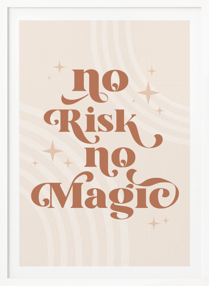 A motivational art print with the phrase 'No Risk no Magic' in a stylized, retro, terracotta brown font. The background is a light beige with faint curved lines and small sparkling star shapes, all enclosed in a thin black frame. Decor