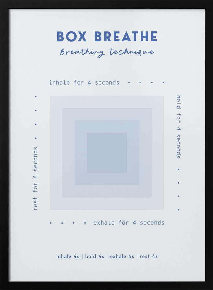 A framed minimalist poster explaining the 'Box Breathe' technique. A central graphic of concentric light blue squares is surrounded by instructions: 'inhale for 4 seconds,' 'hold for 4 seconds,' 'exhale for 4 seconds,' and 'rest for 4 seconds,' guiding a calming breathing exercise. Print