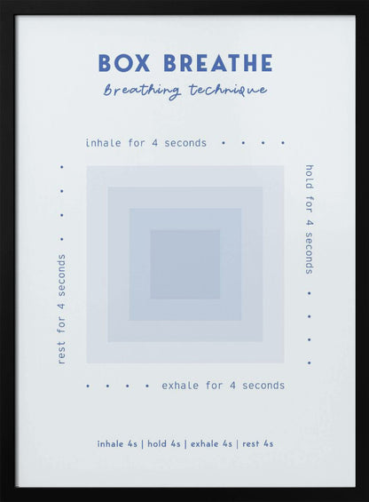 A framed minimalist poster explaining the 'Box Breathe' technique. A central graphic of concentric light blue squares is surrounded by instructions: 'inhale for 4 seconds,' 'hold for 4 seconds,' 'exhale for 4 seconds,' and 'rest for 4 seconds,' guiding a calming breathing exercise. Print