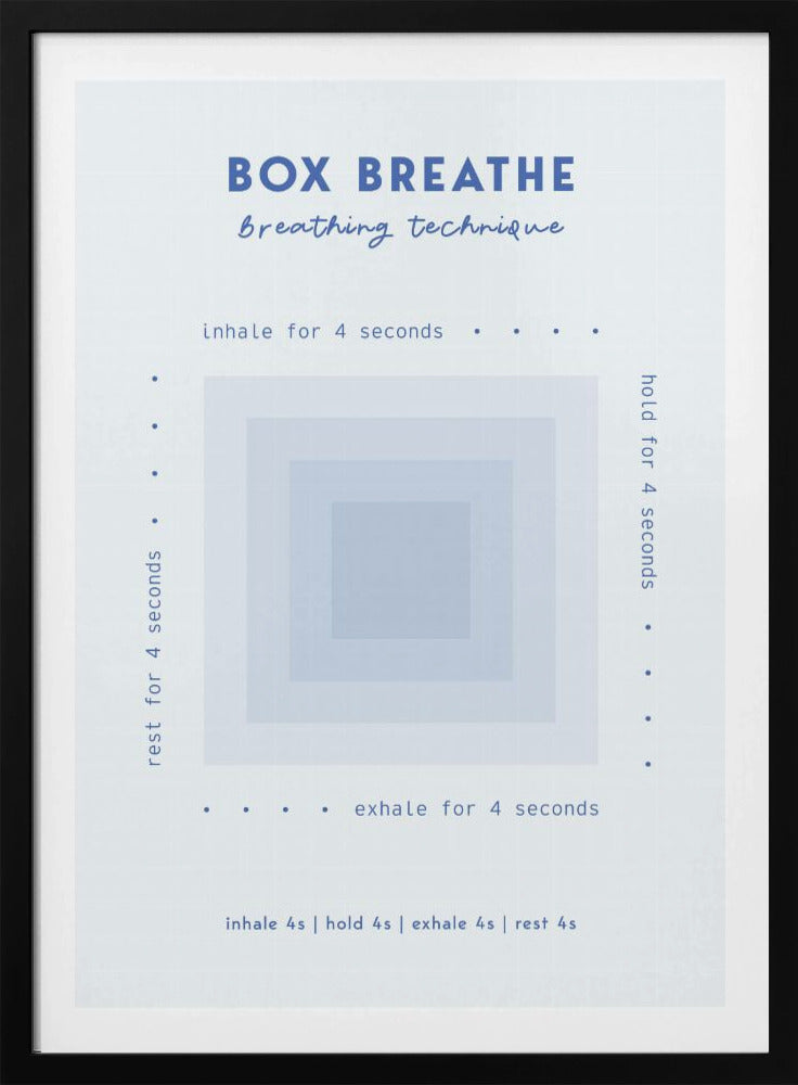 A framed minimalist poster explaining the 'Box Breathe' technique. A central graphic of concentric light blue squares is surrounded by instructions: 'inhale for 4 seconds,' 'hold for 4 seconds,' 'exhale for 4 seconds,' and 'rest for 4 seconds,' guiding a calming breathing exercise. Print
