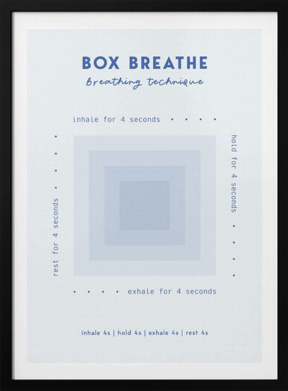 A framed minimalist poster explaining the 'Box Breathe' technique. A central graphic of concentric light blue squares is surrounded by instructions: 'inhale for 4 seconds,' 'hold for 4 seconds,' 'exhale for 4 seconds,' and 'rest for 4 seconds,' guiding a calming breathing exercise. Print