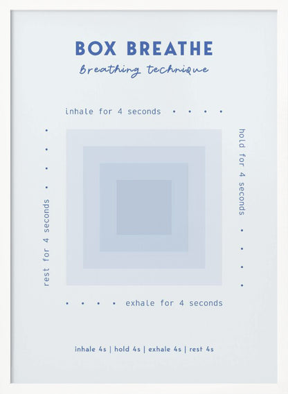 A framed minimalist poster explaining the 'Box Breathe' technique. A central graphic of concentric light blue squares is surrounded by instructions: 'inhale for 4 seconds,' 'hold for 4 seconds,' 'exhale for 4 seconds,' and 'rest for 4 seconds,' guiding a calming breathing exercise. Print