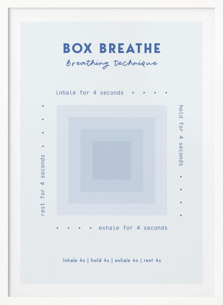 A framed minimalist poster explaining the 'Box Breathe' technique. A central graphic of concentric light blue squares is surrounded by instructions: 'inhale for 4 seconds,' 'hold for 4 seconds,' 'exhale for 4 seconds,' and 'rest for 4 seconds,' guiding a calming breathing exercise. Print