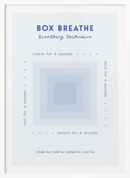 A framed minimalist poster explaining the 'Box Breathe' technique. A central graphic of concentric light blue squares is surrounded by instructions: 'inhale for 4 seconds,' 'hold for 4 seconds,' 'exhale for 4 seconds,' and 'rest for 4 seconds,' guiding a calming breathing exercise. Print