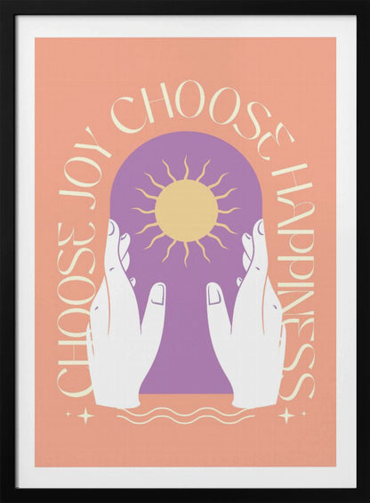 An inspirational art print featuring a peach background and a central design. Two white hands hold a purple archway that frames a yellow sun. The words 'Choose Joy' and 'Choose Happiness' curve around the central image in a tan font. Wall Art