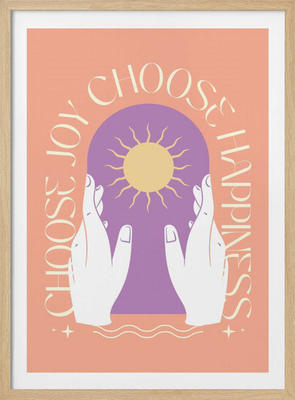 An inspirational art print featuring a peach background and a central design. Two white hands hold a purple archway that frames a yellow sun. The words 'Choose Joy' and 'Choose Happiness' curve around the central image in a tan font. Wall Art