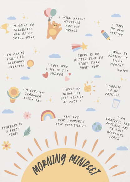 An inspirational poster in a black frame titled 'Morning Mindset' featuring a large yellow sun at the bottom. The poster is filled with positive affirmations in a handwritten font, each accompanied by a small, cute illustration like a bear with balloons, a rainbow, a trophy, and a sunflower. Wall Art