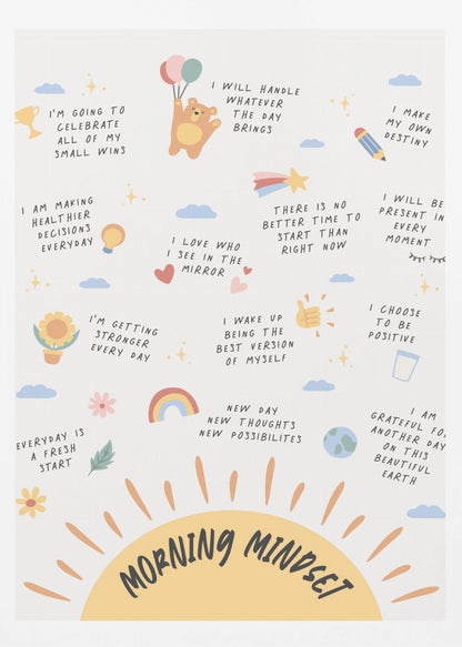 An inspirational poster in a black frame titled 'Morning Mindset' featuring a large yellow sun at the bottom. The poster is filled with positive affirmations in a handwritten font, each accompanied by a small, cute illustration like a bear with balloons, a rainbow, a trophy, and a sunflower. Wall Art