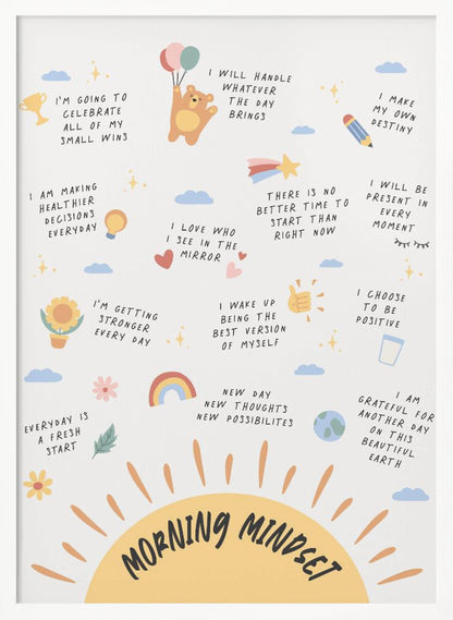 An inspirational poster in a black frame titled 'Morning Mindset' featuring a large yellow sun at the bottom. The poster is filled with positive affirmations in a handwritten font, each accompanied by a small, cute illustration like a bear with balloons, a rainbow, a trophy, and a sunflower. Wall Art