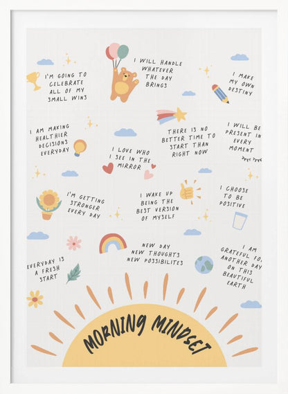 An inspirational poster in a black frame titled 'Morning Mindset' featuring a large yellow sun at the bottom. The poster is filled with positive affirmations in a handwritten font, each accompanied by a small, cute illustration like a bear with balloons, a rainbow, a trophy, and a sunflower. Wall Art