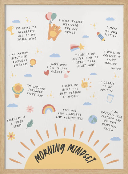 An inspirational poster in a black frame titled 'Morning Mindset' featuring a large yellow sun at the bottom. The poster is filled with positive affirmations in a handwritten font, each accompanied by a small, cute illustration like a bear with balloons, a rainbow, a trophy, and a sunflower. Wall Art