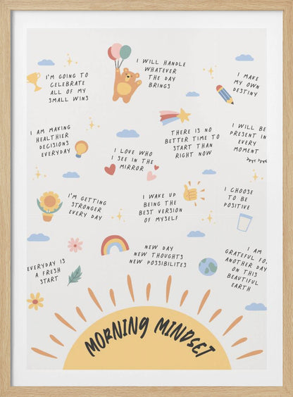 An inspirational poster in a black frame titled 'Morning Mindset' featuring a large yellow sun at the bottom. The poster is filled with positive affirmations in a handwritten font, each accompanied by a small, cute illustration like a bear with balloons, a rainbow, a trophy, and a sunflower. Wall Art