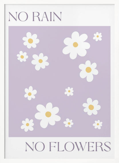 A modern art print with the phrase 'NO RAIN NO FLOWERS' split between the top and bottom. The center features a pattern of white daisies with yellow centers on a light purple background, all framed in black. Artwork