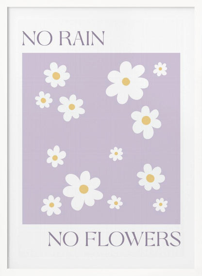 A modern art print with the phrase 'NO RAIN NO FLOWERS' split between the top and bottom. The center features a pattern of white daisies with yellow centers on a light purple background, all framed in black. Artwork