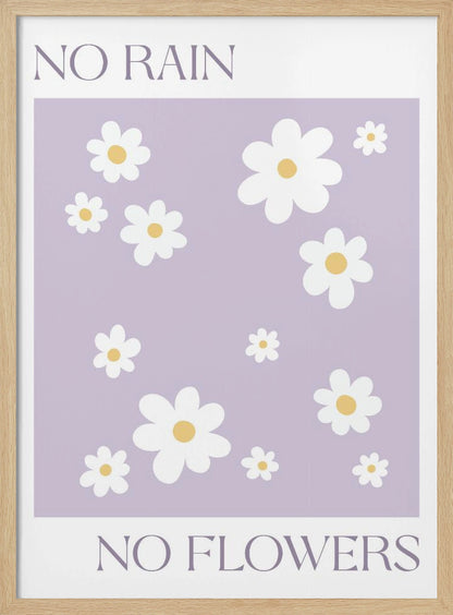 A modern art print with the phrase 'NO RAIN NO FLOWERS' split between the top and bottom. The center features a pattern of white daisies with yellow centers on a light purple background, all framed in black. Artwork