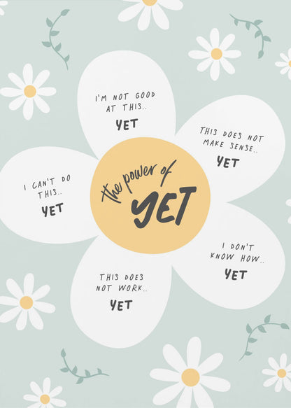 An inspirational poster in a black frame with a light green background and scattered daisy flowers. A large central daisy has 'The power of YET' in its yellow center. Each of its five white petals displays a negative self-talk phrase, such as 'I can't do this..' or 'I'm not good at this..', followed by the word 'YET' in bold, promoting a growth mindset. Print