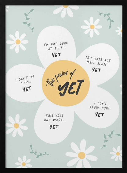 An inspirational poster in a black frame with a light green background and scattered daisy flowers. A large central daisy has 'The power of YET' in its yellow center. Each of its five white petals displays a negative self-talk phrase, such as 'I can't do this..' or 'I'm not good at this..', followed by the word 'YET' in bold, promoting a growth mindset. Print