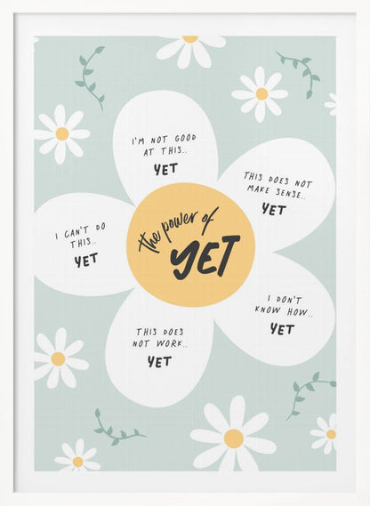 An inspirational poster in a black frame with a light green background and scattered daisy flowers. A large central daisy has 'The power of YET' in its yellow center. Each of its five white petals displays a negative self-talk phrase, such as 'I can't do this..' or 'I'm not good at this..', followed by the word 'YET' in bold, promoting a growth mindset. Print