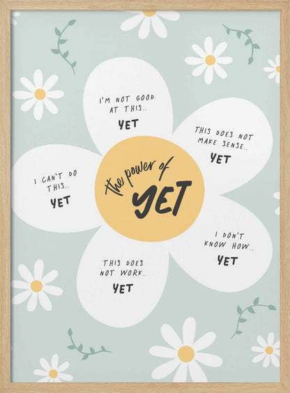 An inspirational poster in a black frame with a light green background and scattered daisy flowers. A large central daisy has 'The power of YET' in its yellow center. Each of its five white petals displays a negative self-talk phrase, such as 'I can't do this..' or 'I'm not good at this..', followed by the word 'YET' in bold, promoting a growth mindset. Print