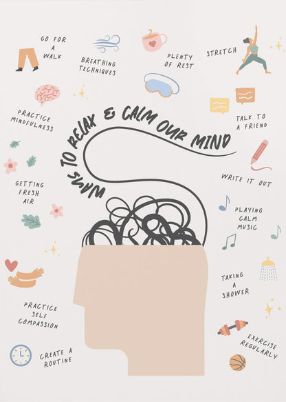 An inspirational poster titled 'Ways to Relax & Calm Our Mind' featuring a silhouette of a head with tangled lines inside. Surrounding the head are small, colorful illustrations with captions for self-care activities like stretching, talking to a friend, exercising, and practicing mindfulness. Artwork