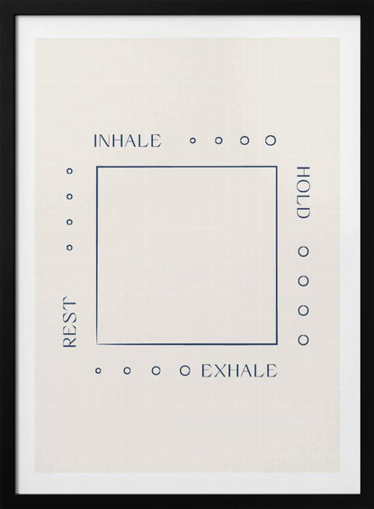 A minimalist art print in a black frame illustrating a box breathing exercise. A dark blue square is centered on an off-white background. The words 'INHALE', 'HOLD', 'EXHALE', and 'REST' are printed in blue around the square, corresponding to the top, right, bottom, and left sides, with four small circles along each side to guide the count. Decor