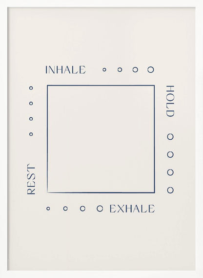 A minimalist art print in a black frame illustrating a box breathing exercise. A dark blue square is centered on an off-white background. The words 'INHALE', 'HOLD', 'EXHALE', and 'REST' are printed in blue around the square, corresponding to the top, right, bottom, and left sides, with four small circles along each side to guide the count. Decor