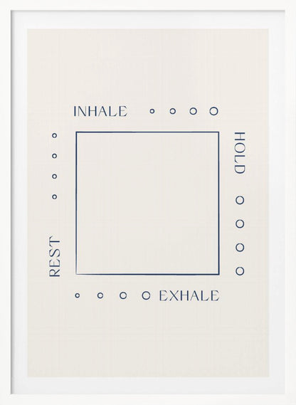 A minimalist art print in a black frame illustrating a box breathing exercise. A dark blue square is centered on an off-white background. The words 'INHALE', 'HOLD', 'EXHALE', and 'REST' are printed in blue around the square, corresponding to the top, right, bottom, and left sides, with four small circles along each side to guide the count. Decor