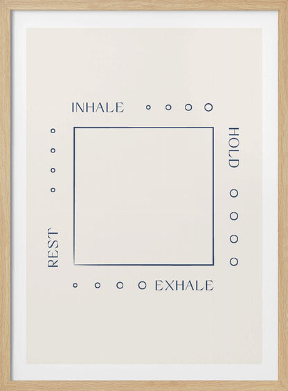 A minimalist art print in a black frame illustrating a box breathing exercise. A dark blue square is centered on an off-white background. The words 'INHALE', 'HOLD', 'EXHALE', and 'REST' are printed in blue around the square, corresponding to the top, right, bottom, and left sides, with four small circles along each side to guide the count. Decor