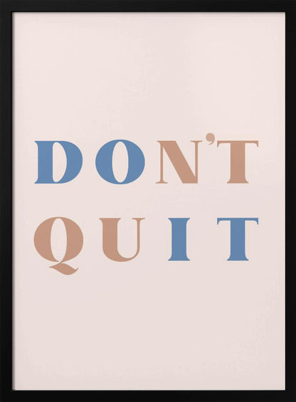 A minimalist motivational art print with a pale pink background and a thin black frame. The text reads 'DON'T QUIT' in a large serif font, with the words 'DO' and 'IT' highlighted in blue and the words 'N'T' and 'QU' in a muted terracotta color, creating a hidden 'DO IT' message. Decor